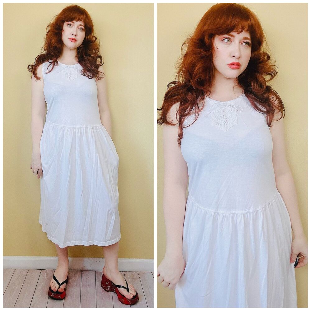 1990s Vintage White Grunge Dropped Waist Dress / 90s Cotton Tank Lace Up Large